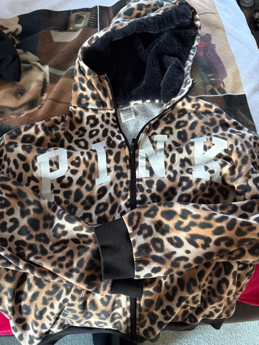 PINK Victoria's Secret Black and Tan Leopard Zip Hoodie
